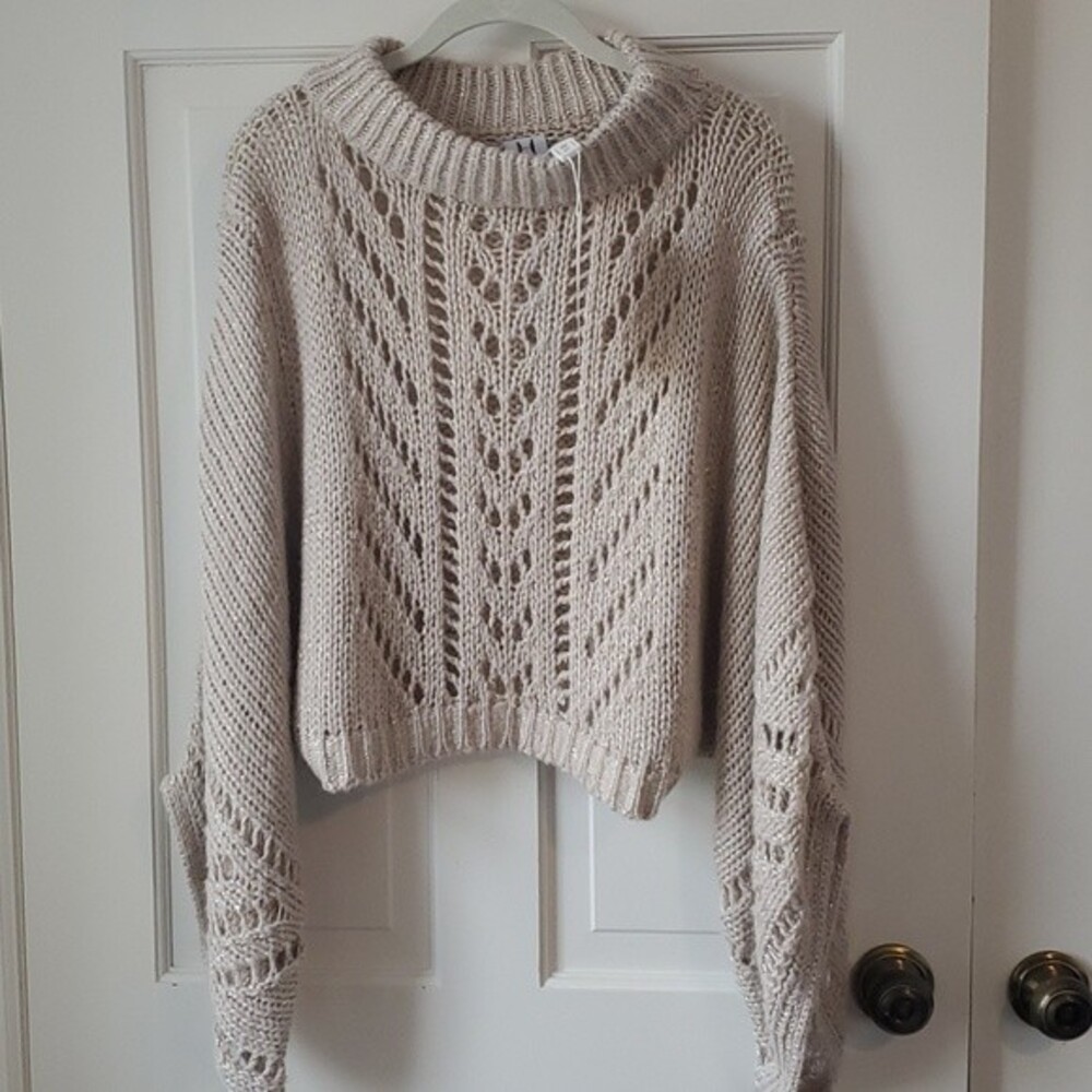 NWT HALSTON HERITAGE OVERSIZE POINTELLE KNIT PONCHO CHUNKY CHAMPAGNE XS